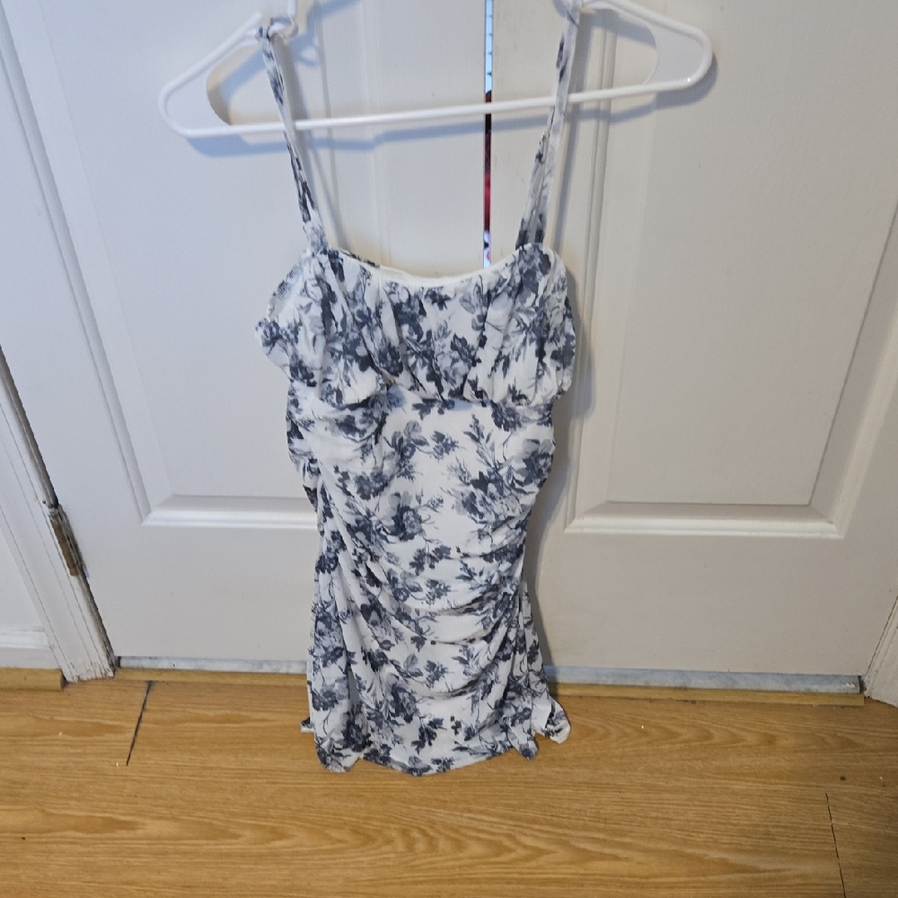 Floral Ruffled Spaghetti Strap Camisole Dress - White & Gray